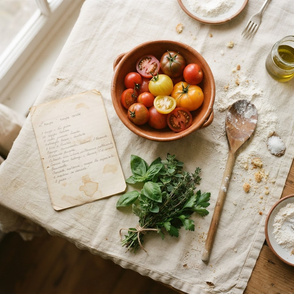 Overhead view of a rustic family kitchen table with a handwritten recipe card, fresh tomatoes, and herbs