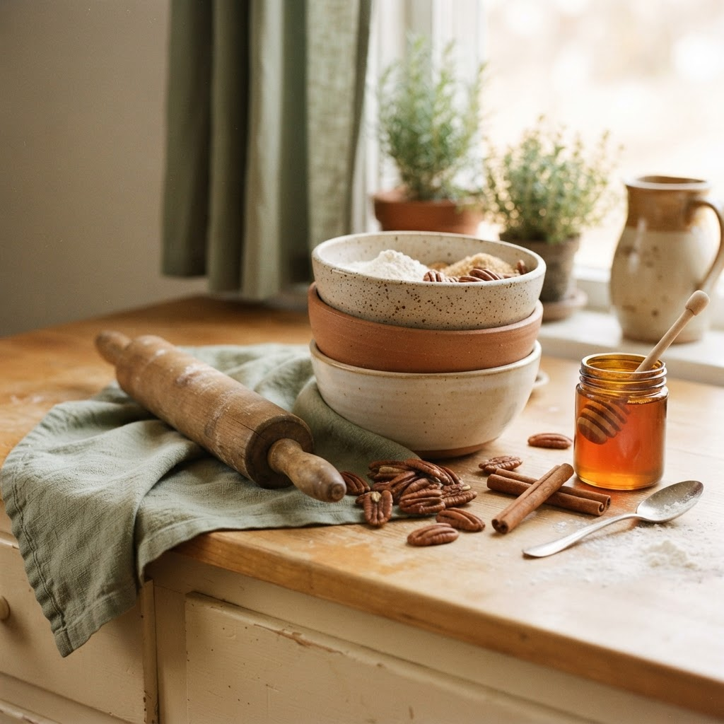 Still life of baking ingredients including stoneware bowls, a rolling pin, and pecans